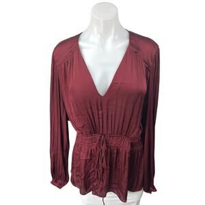 Mango MNG Maroon Red Silky Satin Long Sleeve V-Neck Peplum Blouse Top Size 16